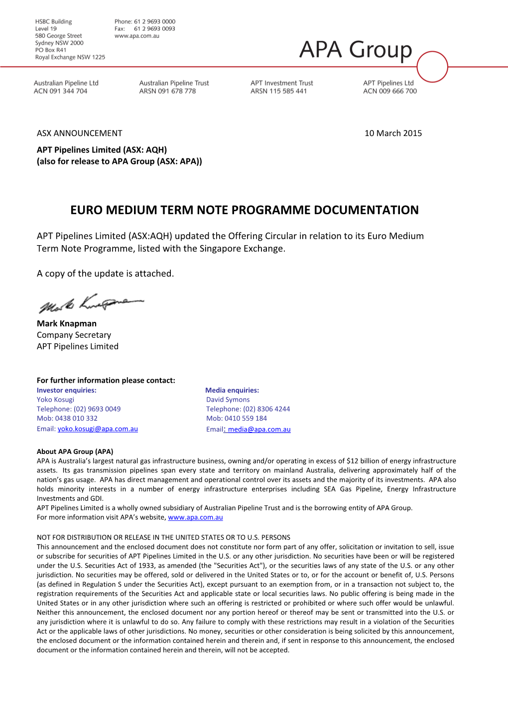 Euro Medium Term Note Programme Documentation