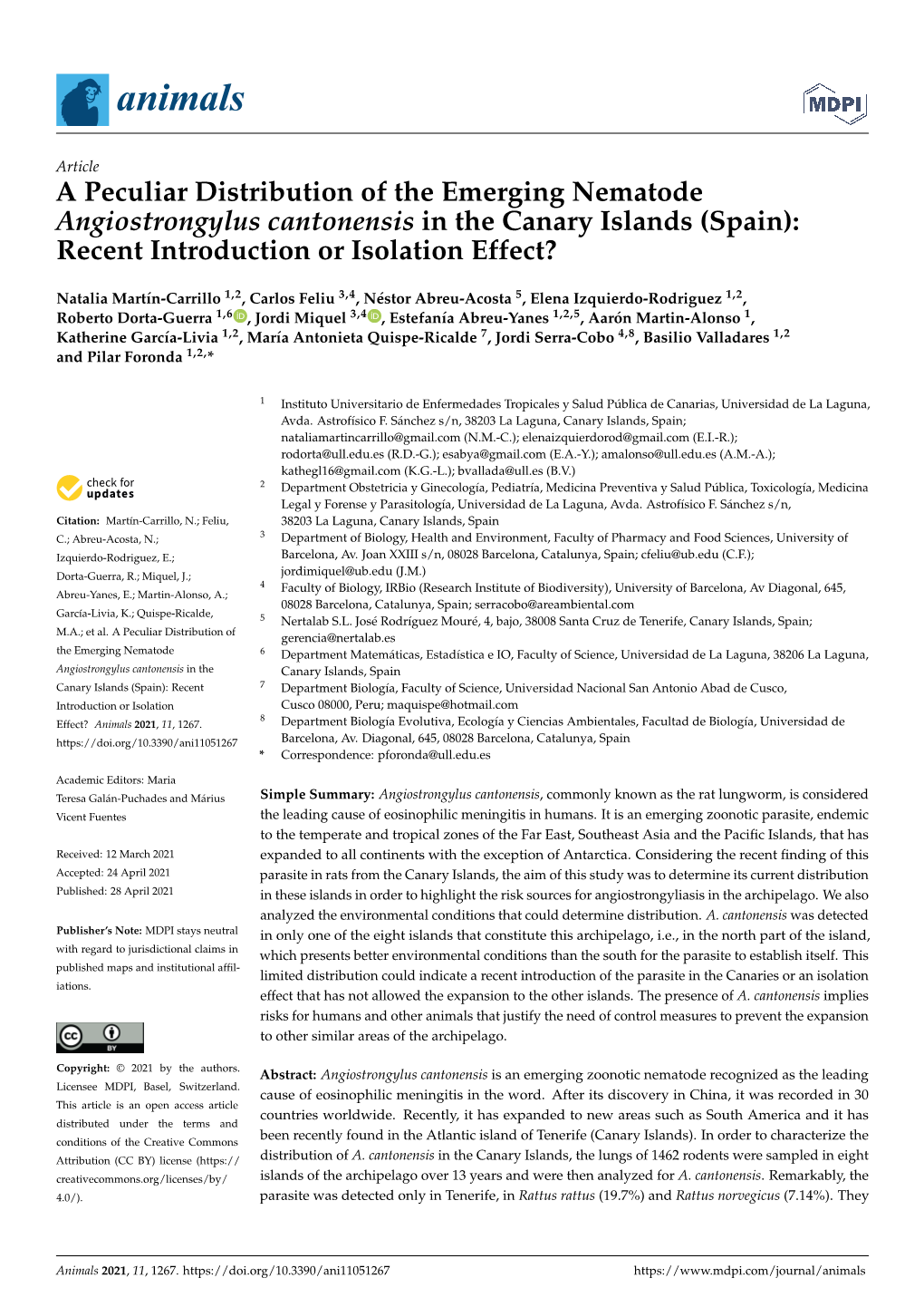 A Peculiar Distribution of the Emerging Nematode Angiostrongylus Cantonensis in the Canary Islands (Spain): Recent Introduction Or Isolation Effect?