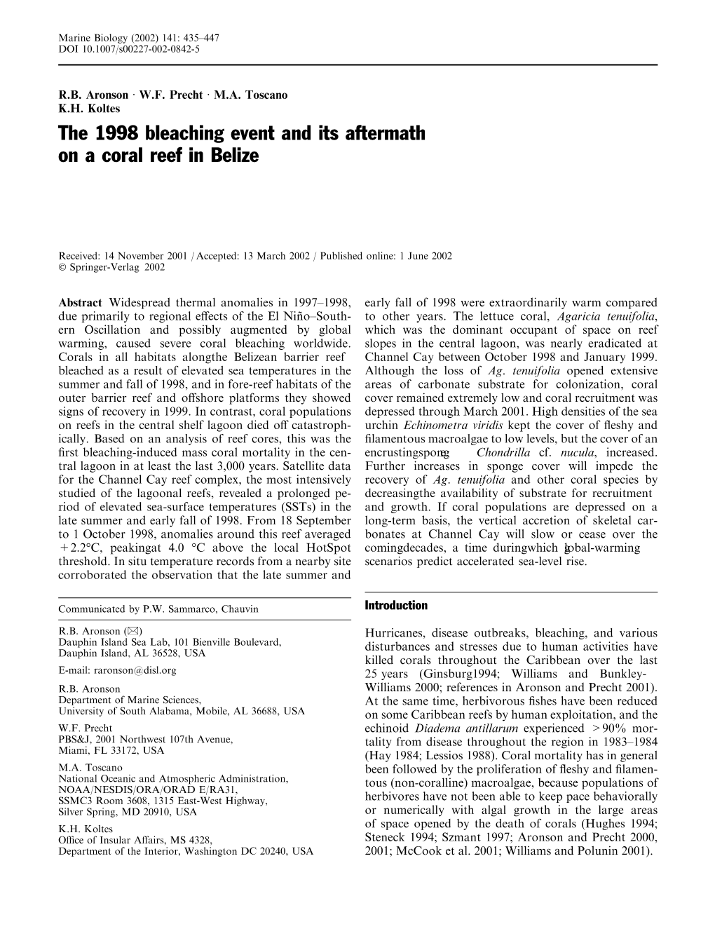 The 1998 Bleaching Event and Its Aftermath on a Coral Reef in Belize