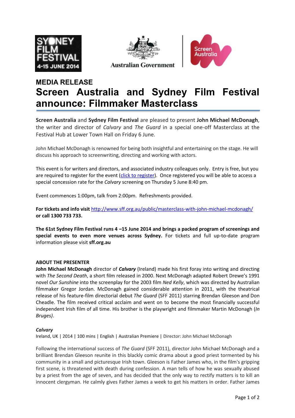 Screen Australia and Sydney Film Festival Announce: Filmmaker Masterclass
