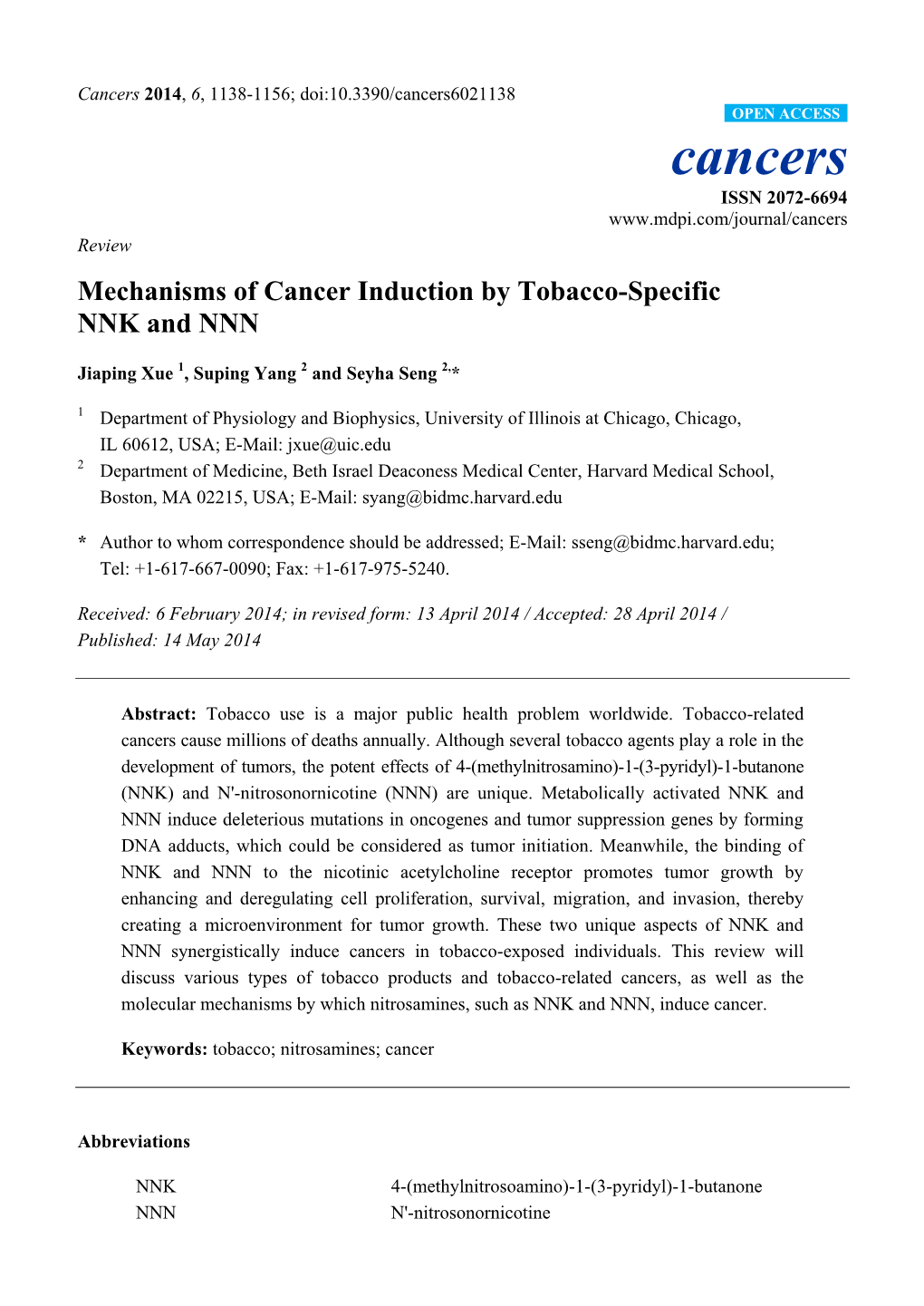 Mechanisms of Cancer Induction by Tobacco-Specific NNK and NNN