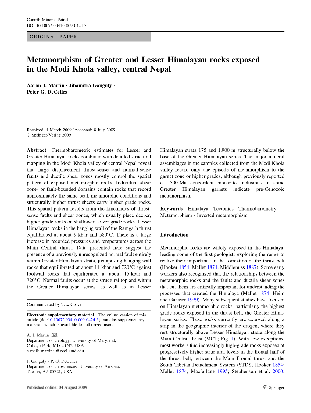 Metamorphism of Greater and Lesser Himalayan Rocks Exposed in the Modi Khola Valley, Central Nepal