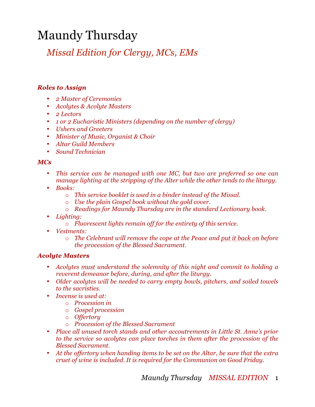 Maundy Thursday Missal Edition for Clergy, Mcs, Ems