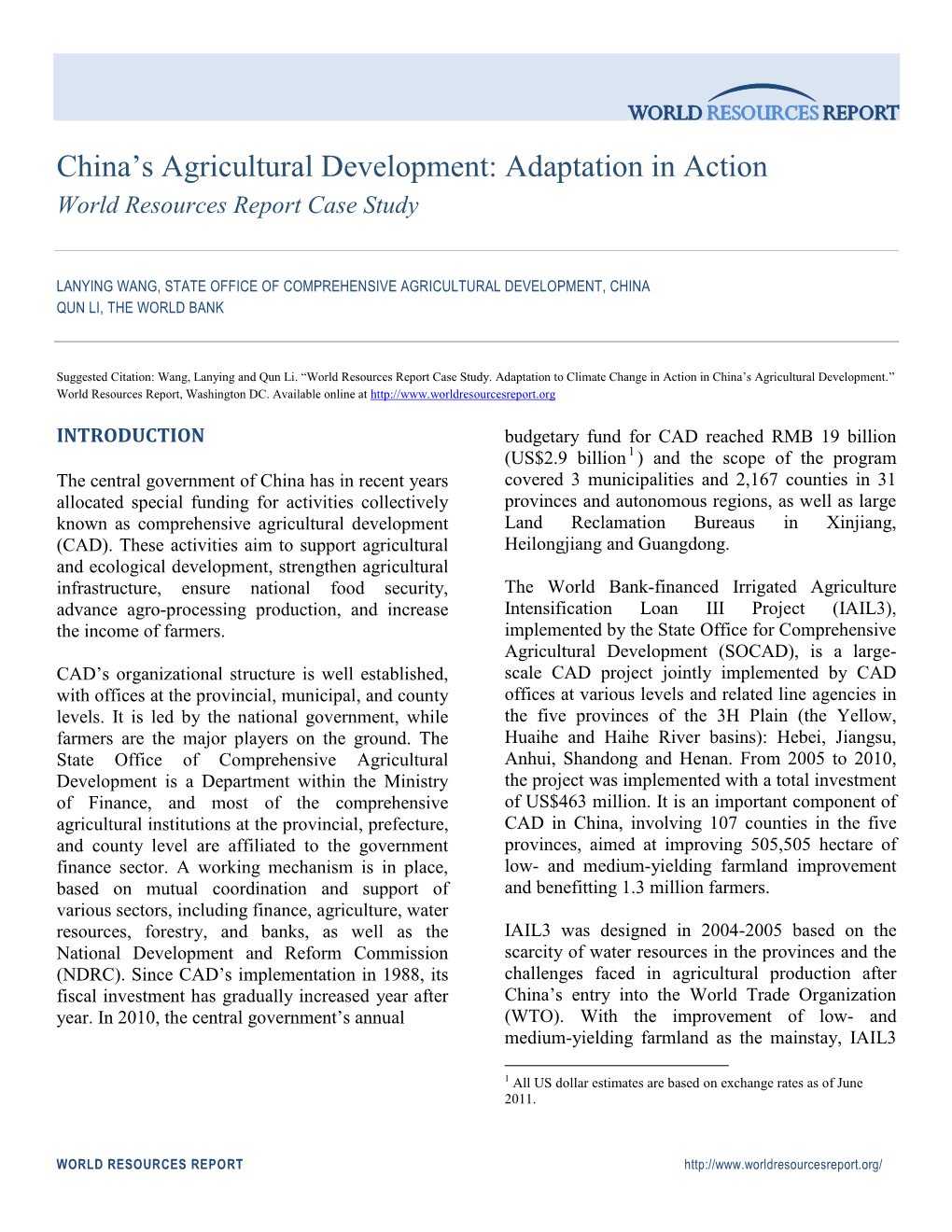 China‟S Agricultural Development: Adaptation in Action World Resources Report Case Study