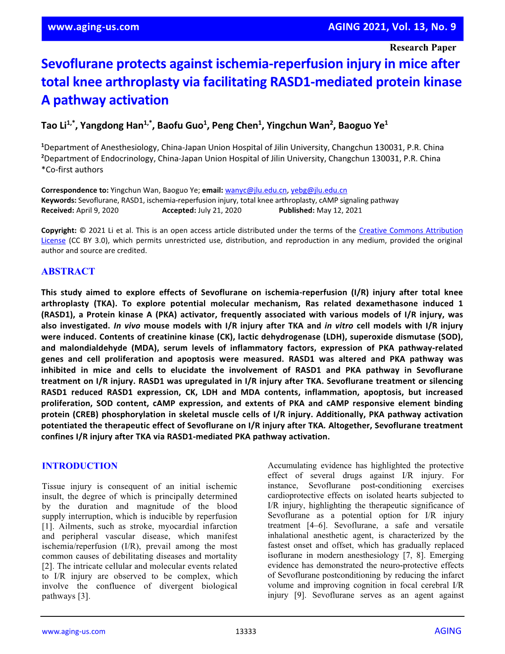 Sevoflurane Protects Against Ischemia-Reperfusion Injury in Mice After Total Knee Arthroplasty Via Facilitating RASD1-Mediated Protein Kinase a Pathway Activation