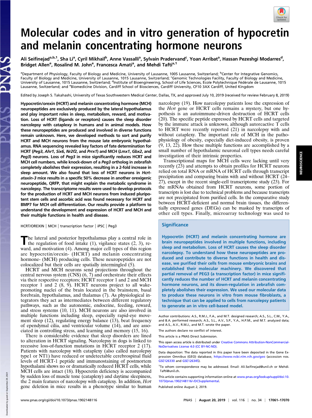 Molecular Codes and in Vitro Generation of Hypocretin and Melanin Concentrating Hormone Neurons