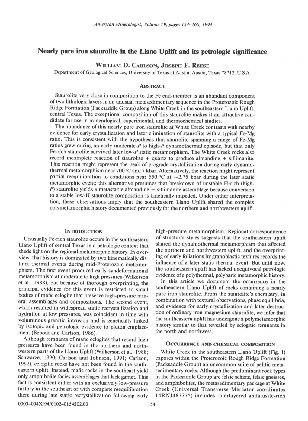 Nearly Pure Iron Staurolite in the Llano Uplift and Its Petrologic Significance