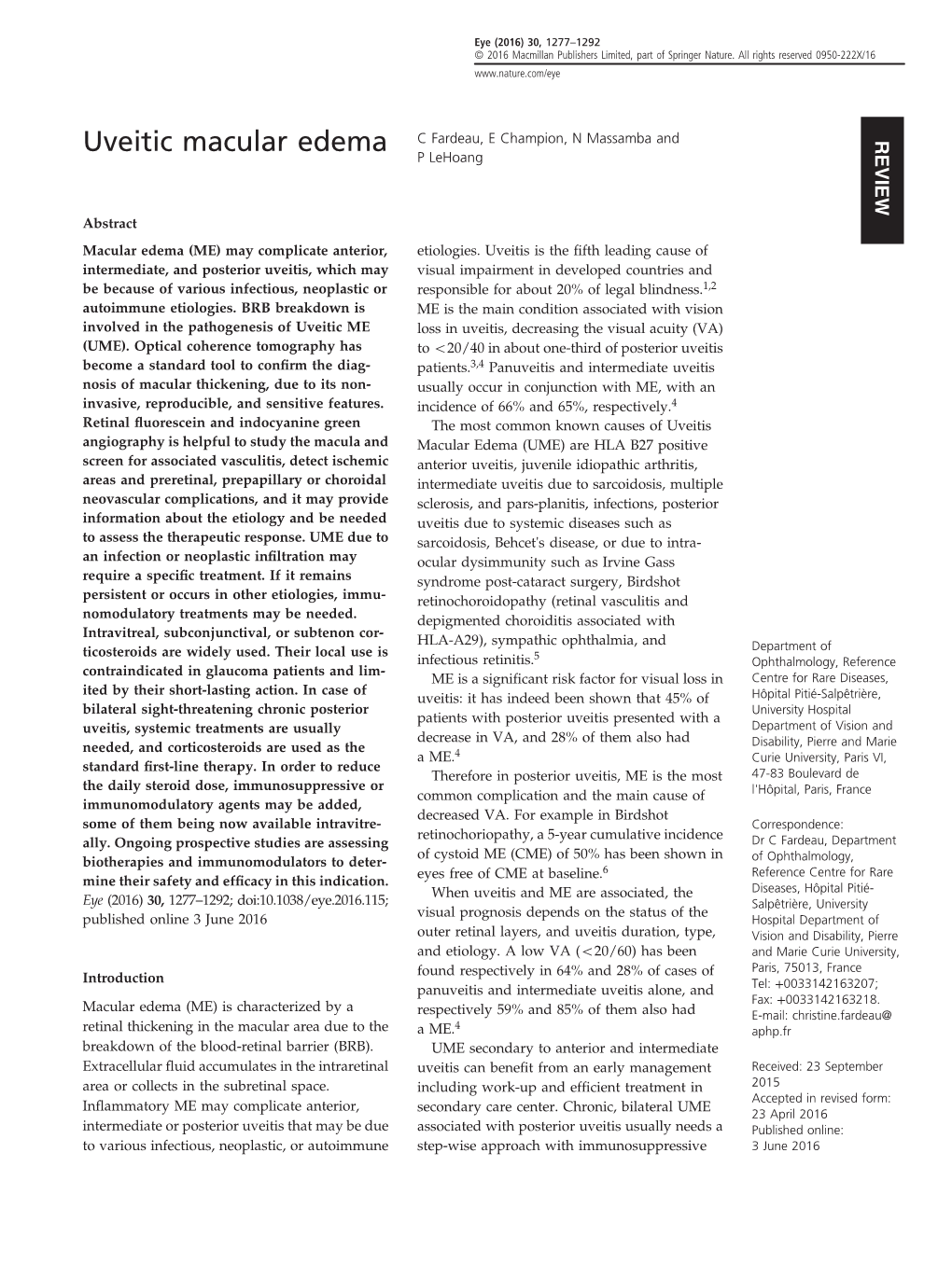 Uveitic Macular Edema C Fardeau, E Champion, N Massamba and REVIEW P Lehoang