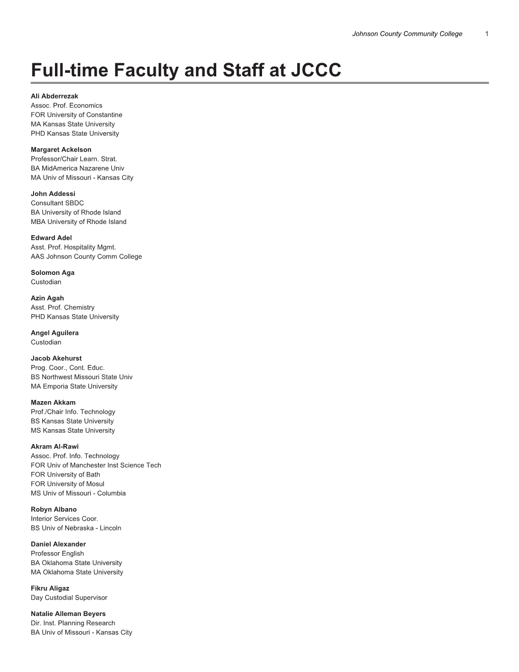 Full-Time Faculty and Staff at JCCC