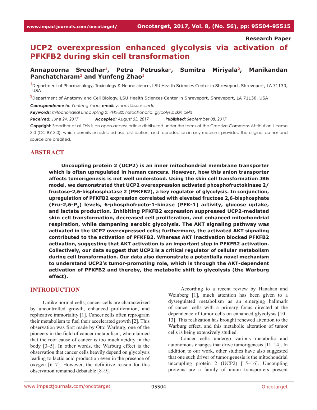 UCP2 Overexpression Enhanced Glycolysis Via Activation of PFKFB2 During Skin Cell Transformation