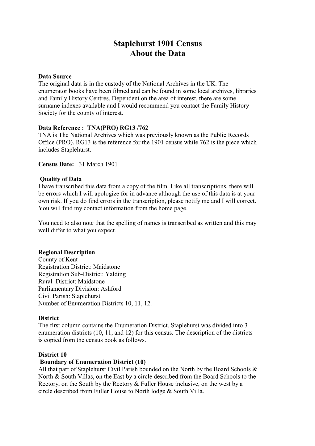 Staplehurst 1901 Census About the Data