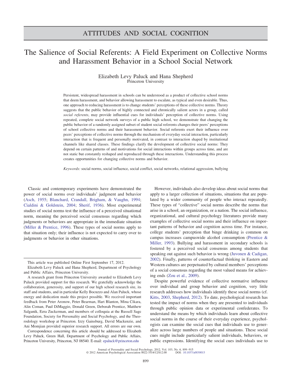 The Salience of Social Referents: a Field Experiment on Collective Norms and Harassment Behavior in a School Social Network