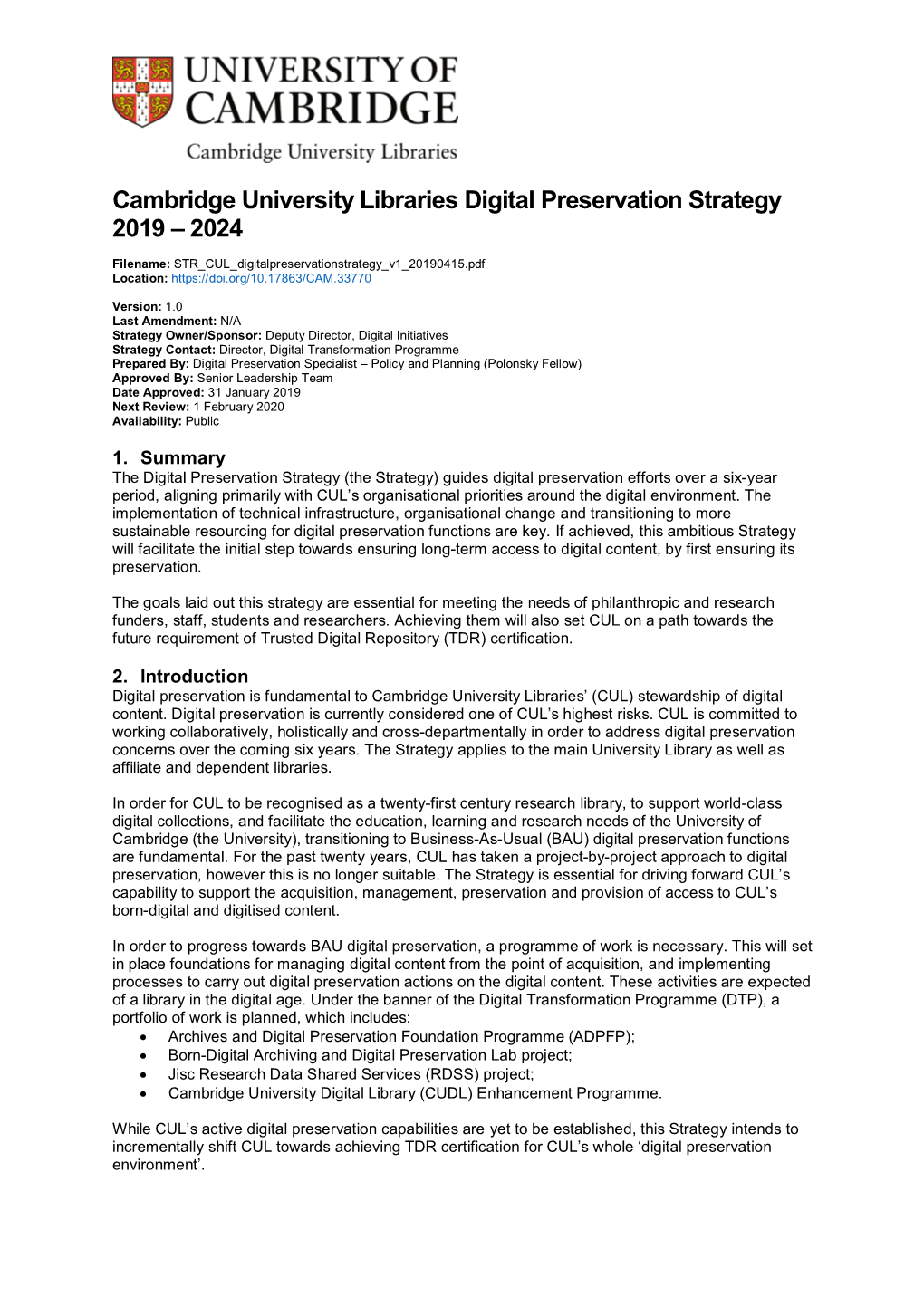 Cambridge University Libraries Digital Preservation Strategy 2019 – 2024