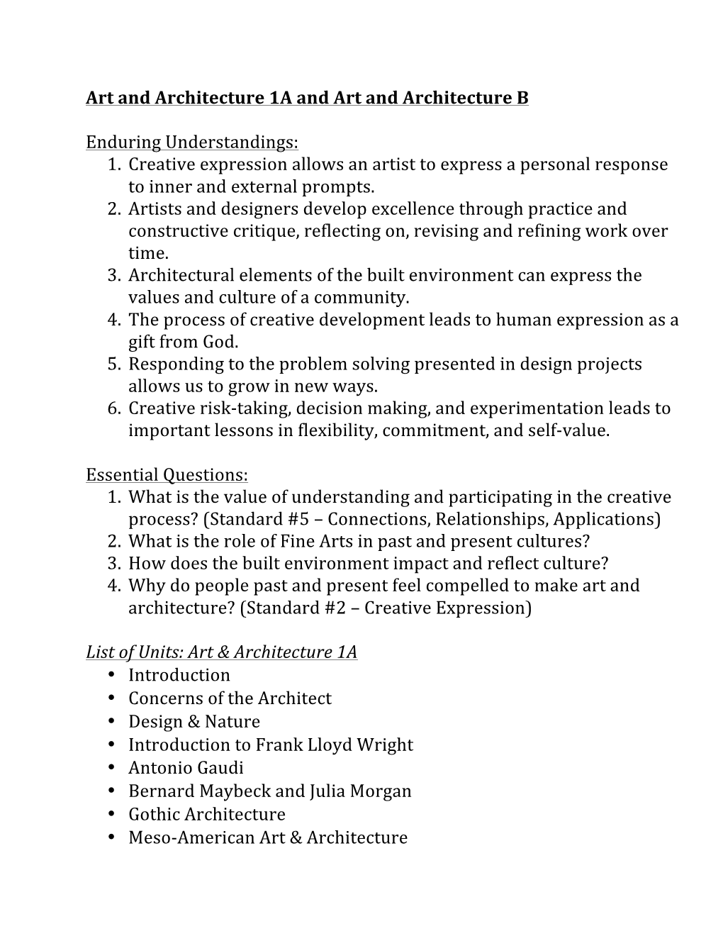 Art and Architecture 1A and Art and Architecture B Enduring