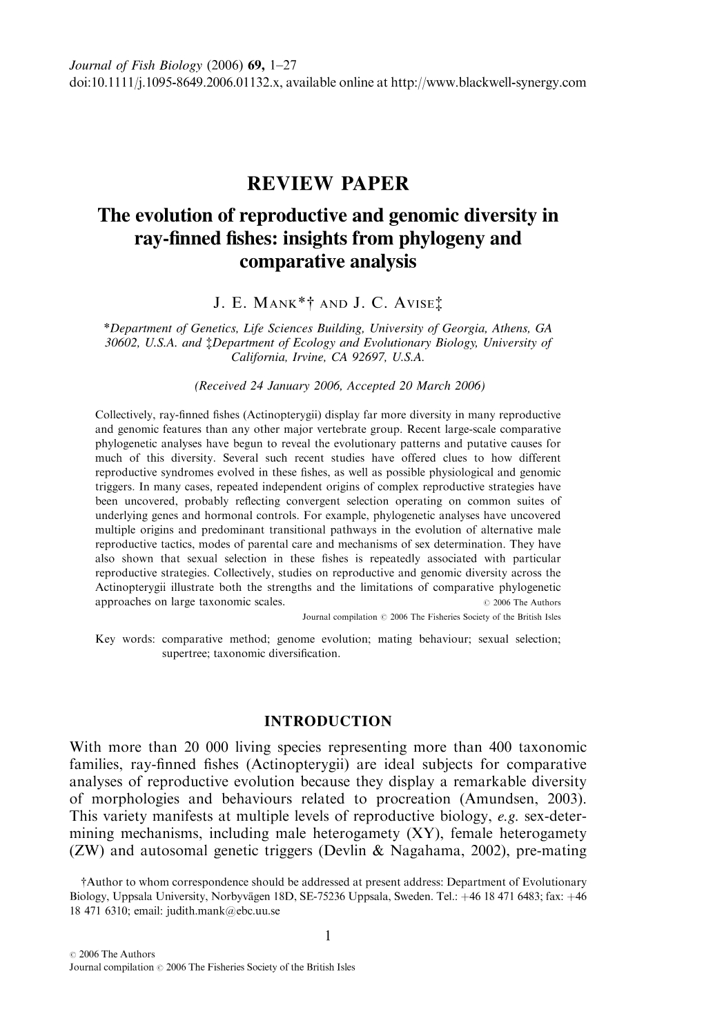 REVIEW PAPER the Evolution of Reproductive and Genomic Diversity in Ray-Finned Fishes: Insights from Phylogeny and Comparative A