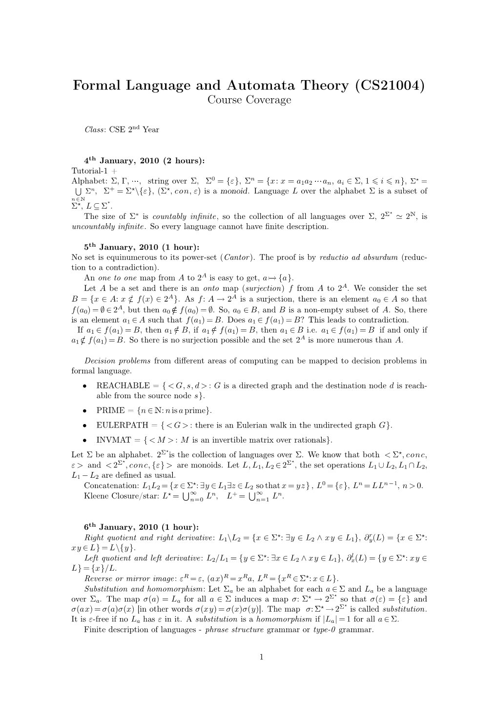 Formal Language and Automata Theory (CS21 004) Course Coverage