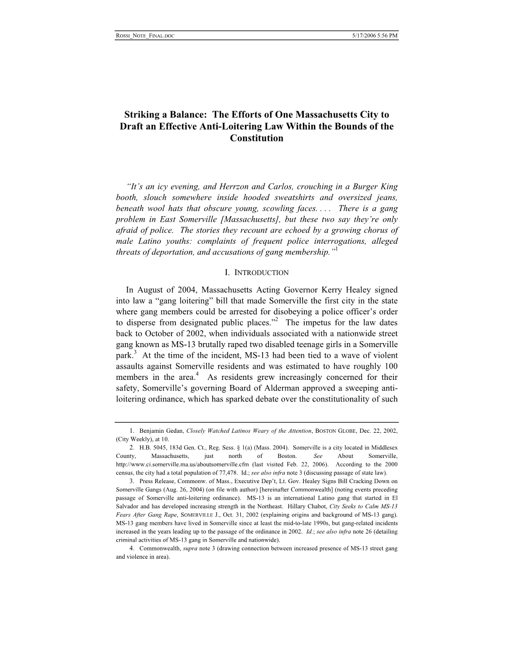 Striking a Balance: the Efforts of One Massachusetts City to Draft an Effective Anti-Loitering Law Within the Bounds of the Constitution