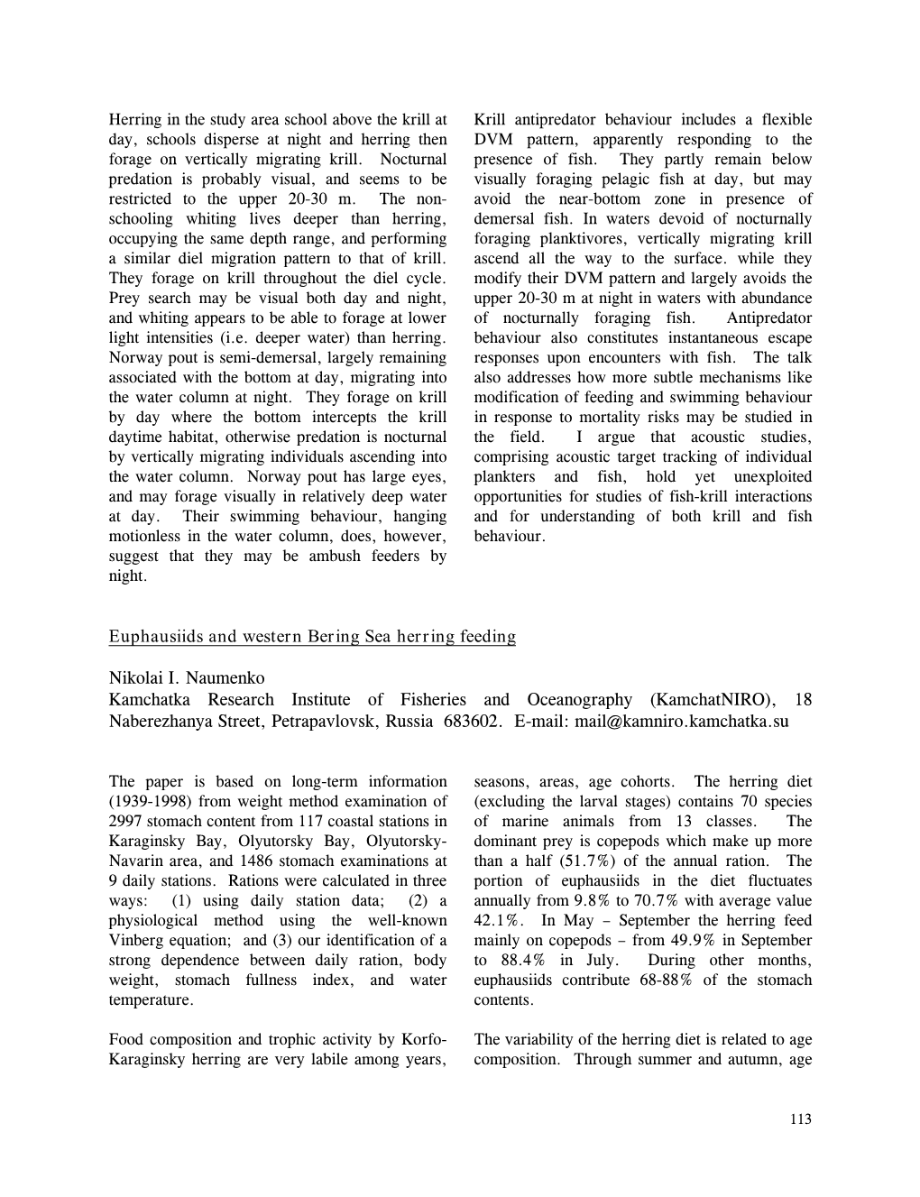 Euphausiids and Western Bering Sea Herring Feeding Nikolai I