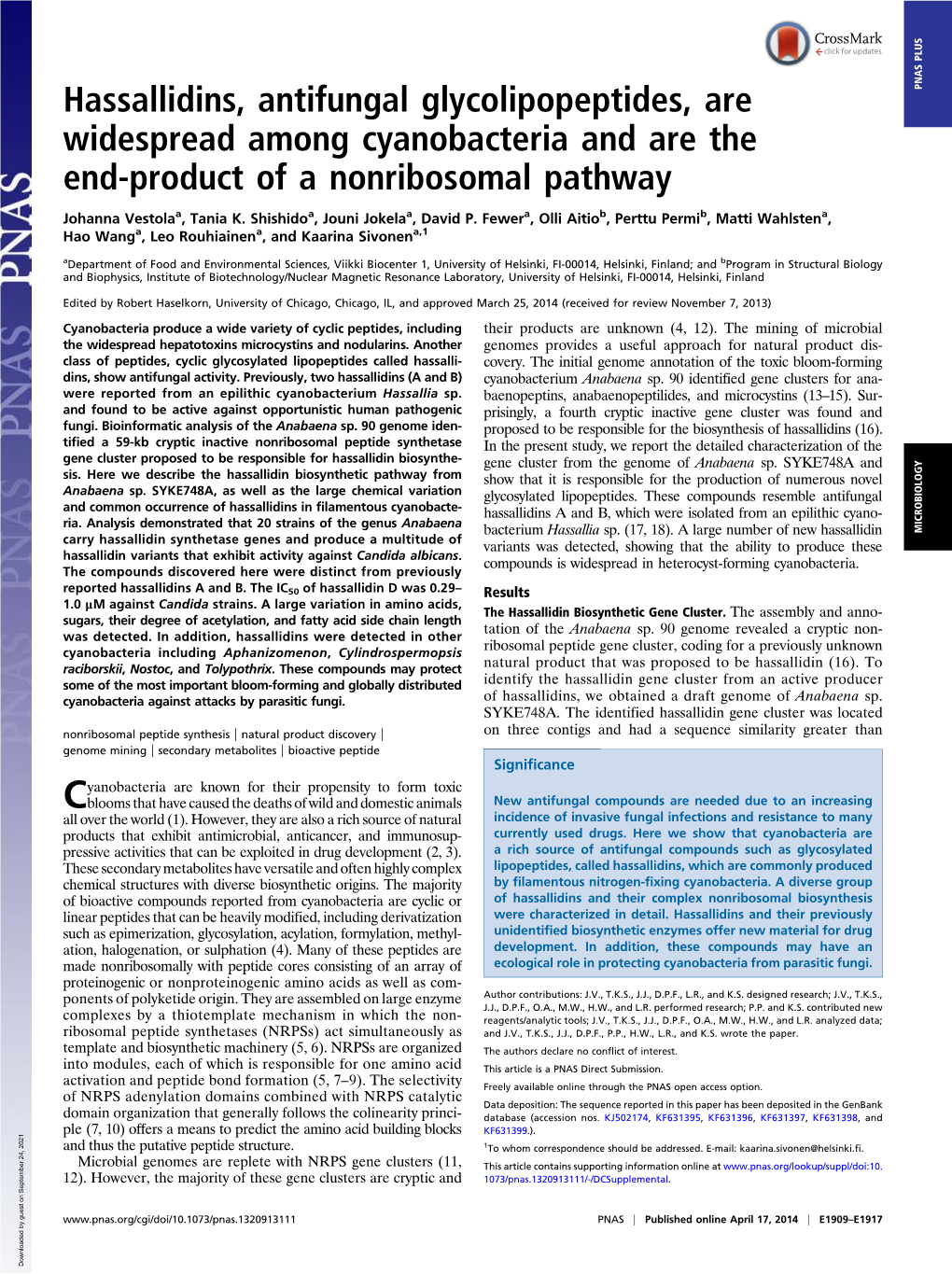 Hassallidins, Antifungal Glycolipopeptides, Are Widespread