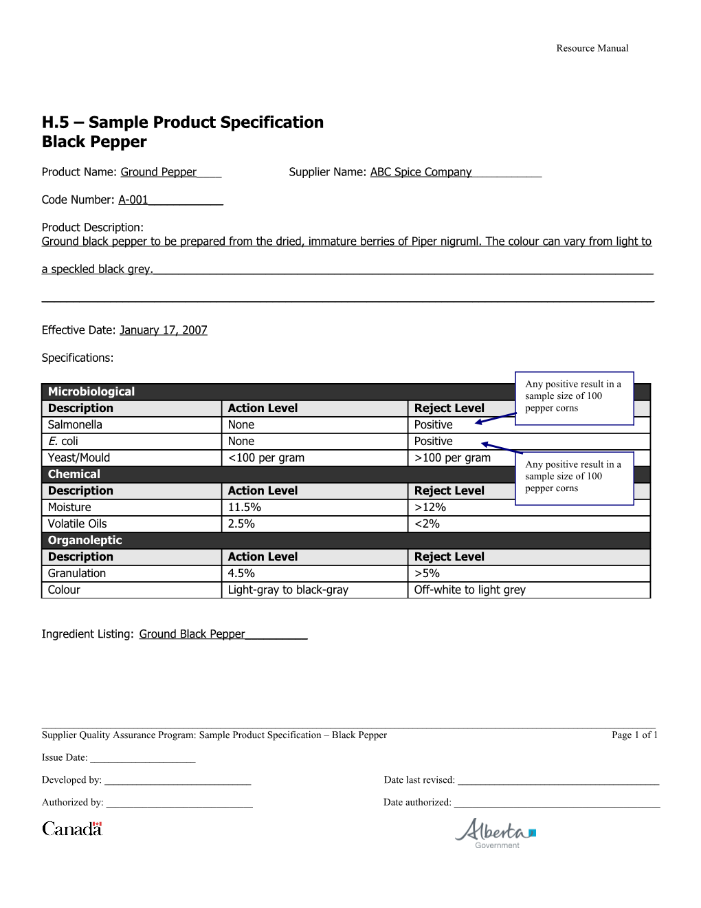 H.5 Sample Product Specification