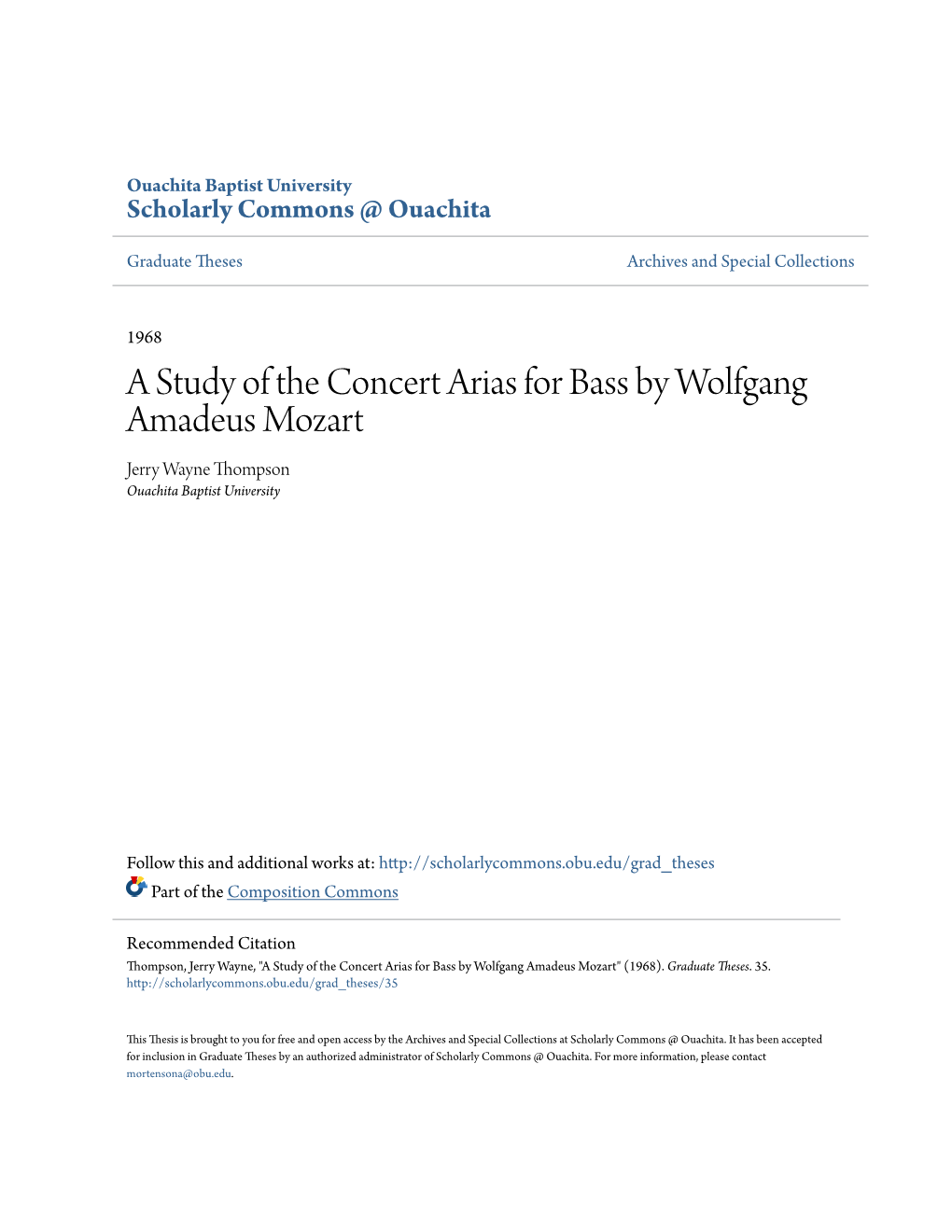 A Study of the Concert Arias for Bass by Wolfgang Amadeus Mozart Jerry Wayne Thompson Ouachita Baptist University