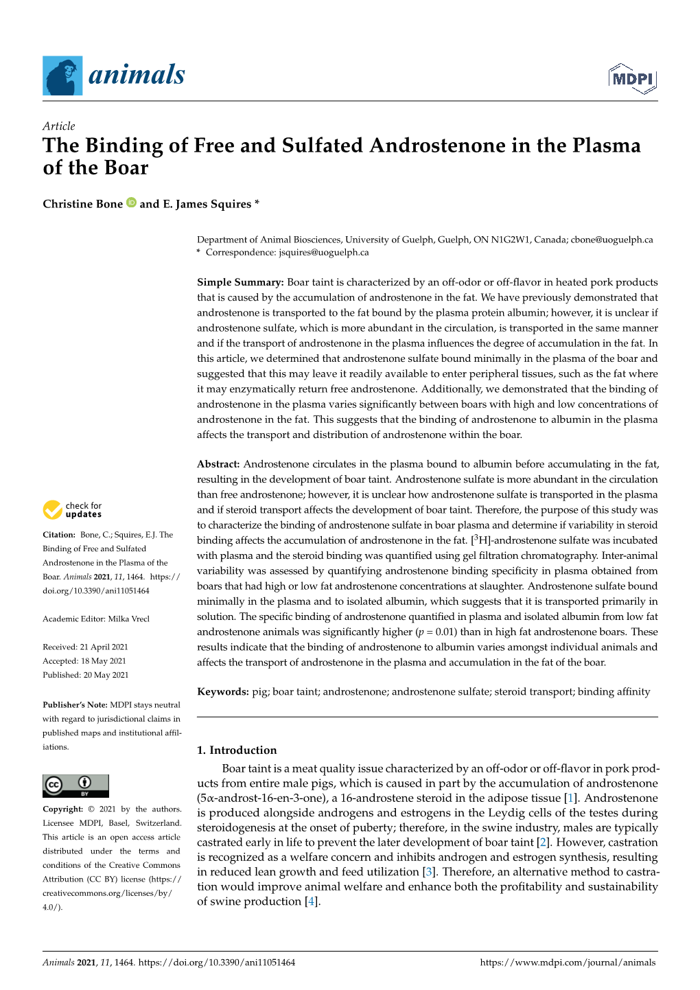 The Binding of Free and Sulfated Androstenone in the Plasma of the Boar