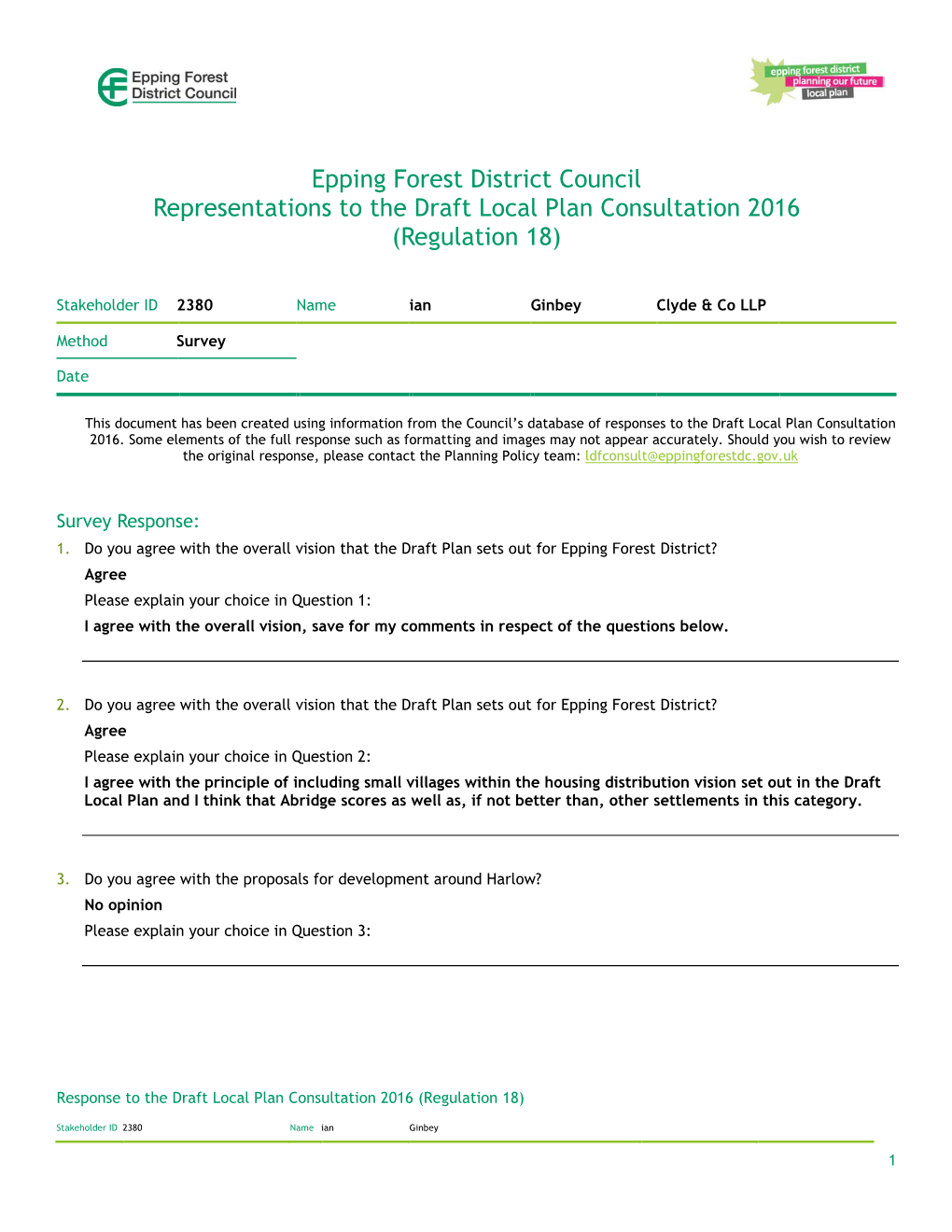 Epping Forest District Council Representations to the Draft Local Plan Consultation 2016 (Regulation 18)