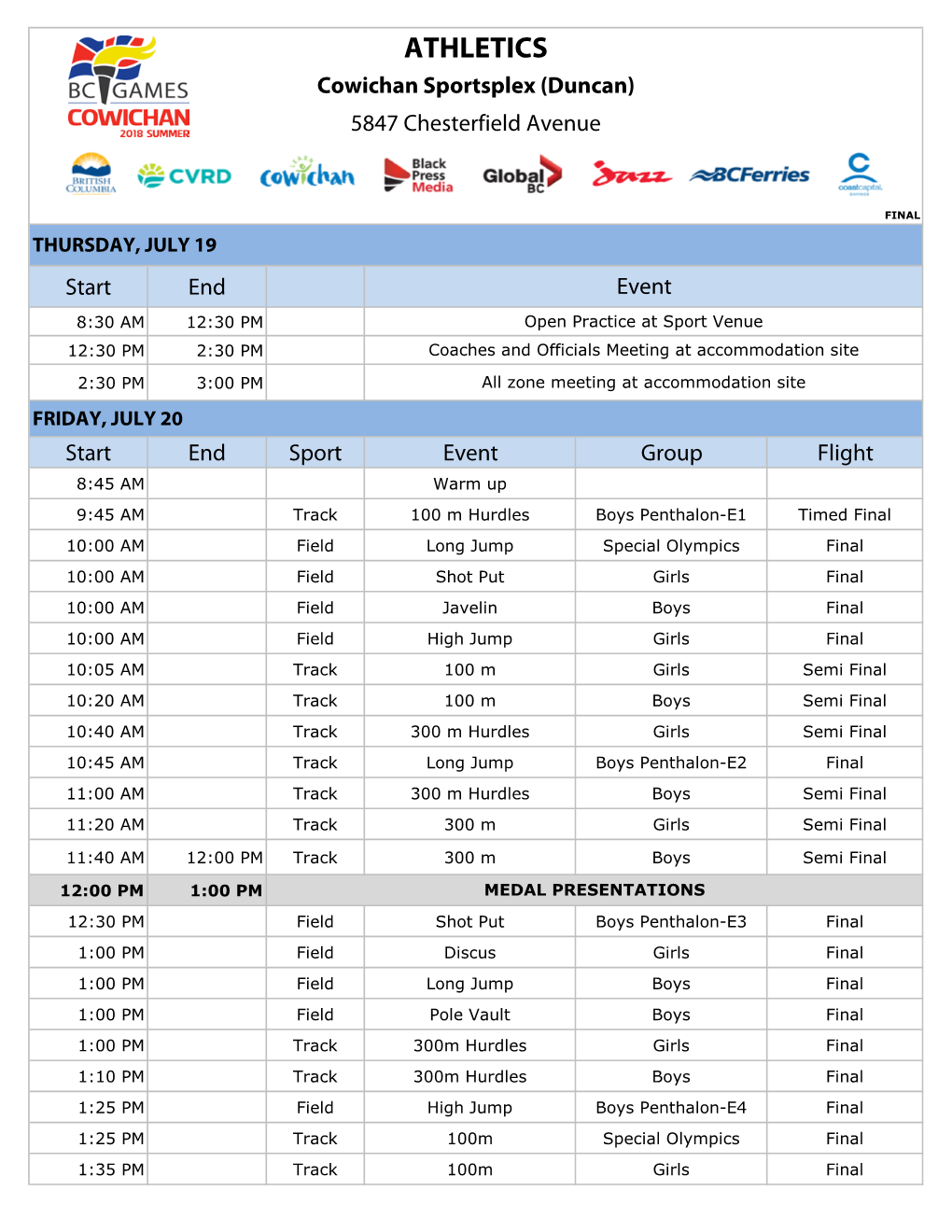 ATHLETICS Cowichan Sportsplex (Duncan) 5847 Chesterfield Avenue