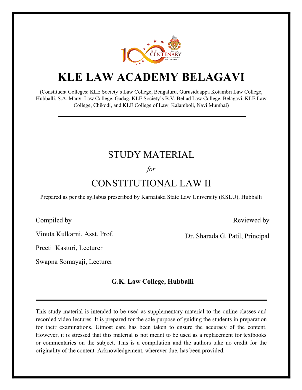 CONSTITUTIONAL LAW II Prepared As Per the Syllabus Prescribed by Karnataka State Law University (KSLU), Hubballi