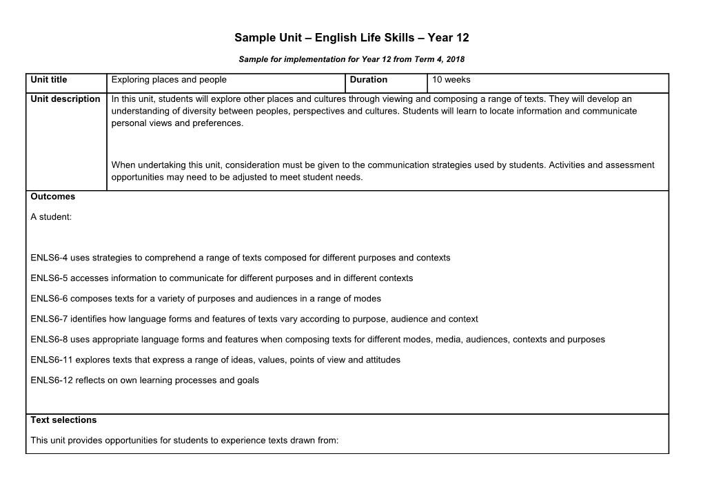 English Life Skills Year 12 Sample Unit