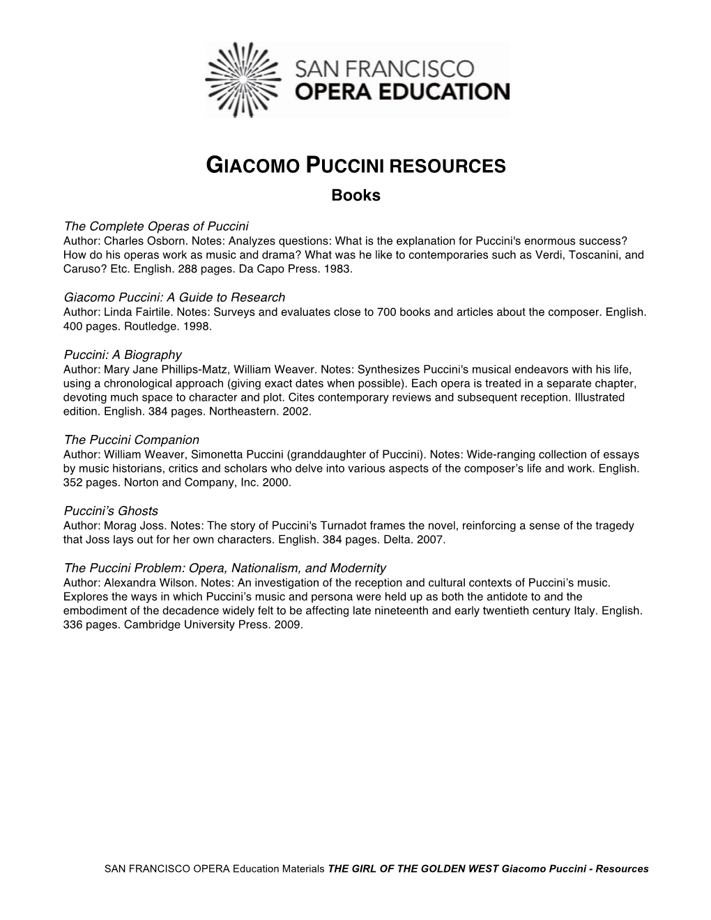 PUCCINI RESOURCES Books