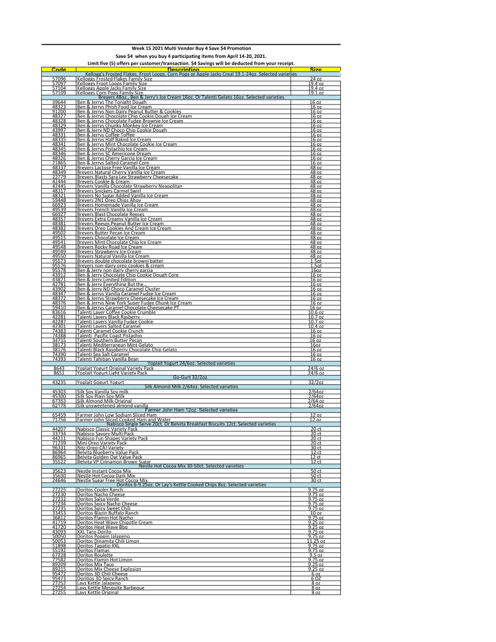 Code Description Size Kellogg's Frosted Flakes, Froot Loops, Corn Pops Or Apple Jacks Creal 19.1-24Oz