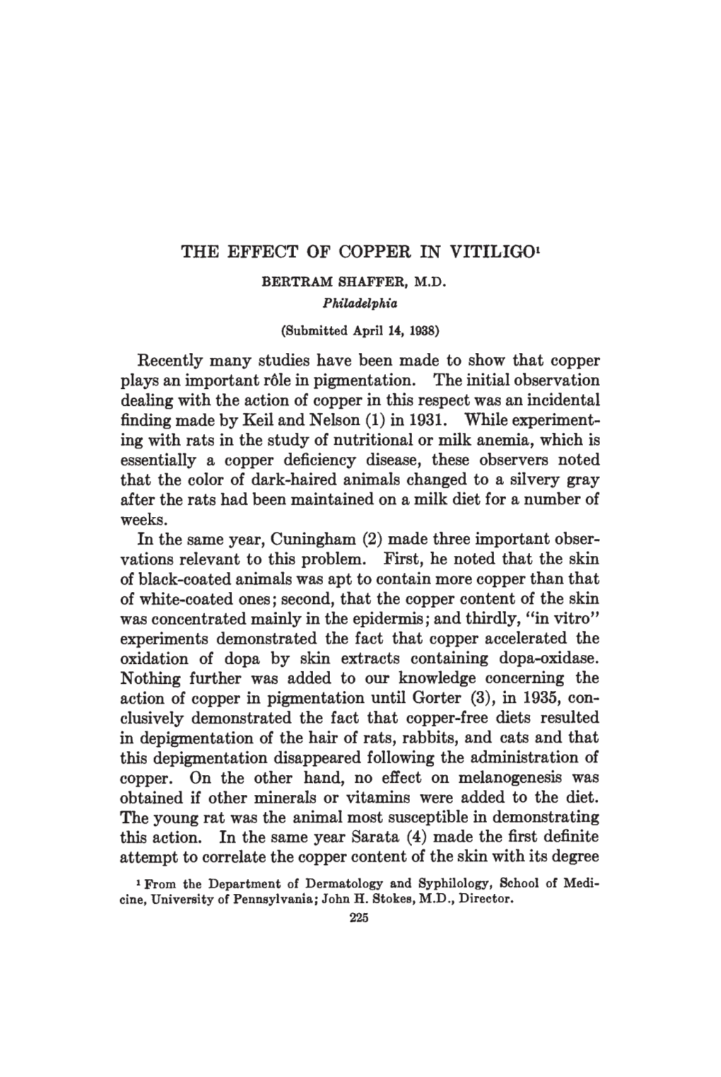 The Effect of Copper in Vitiligo' Bertram Shaffer, M.D