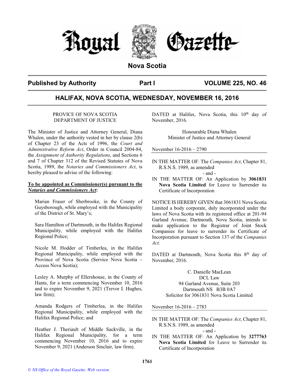 NS Royal Gazette Part I