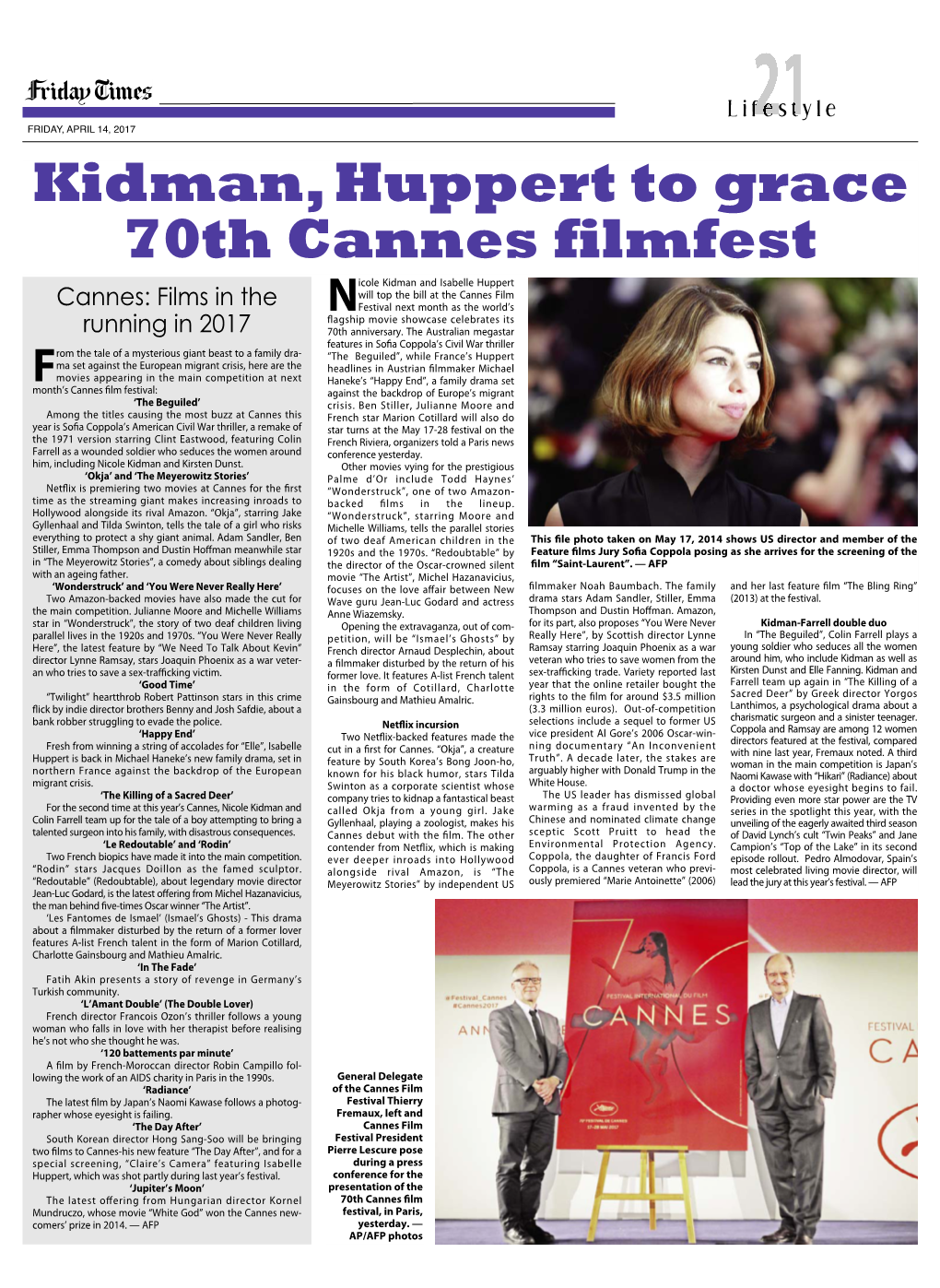 Kidman, Huppert to Grace 70Th Cannes Filmfest