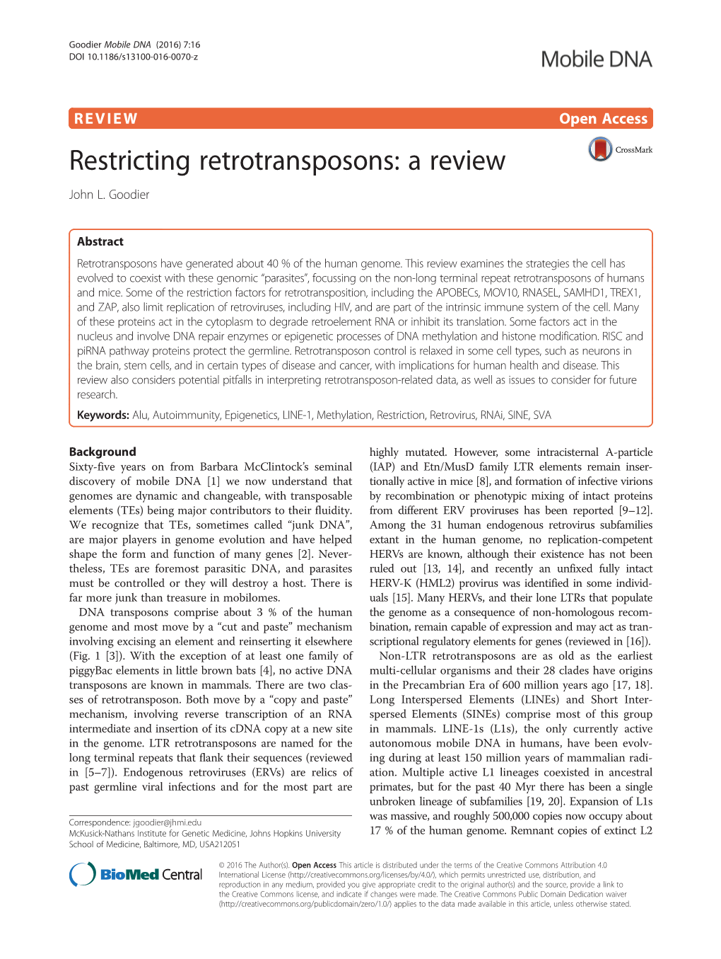 VIEW Open Access Restricting Retrotransposons: a Review John L