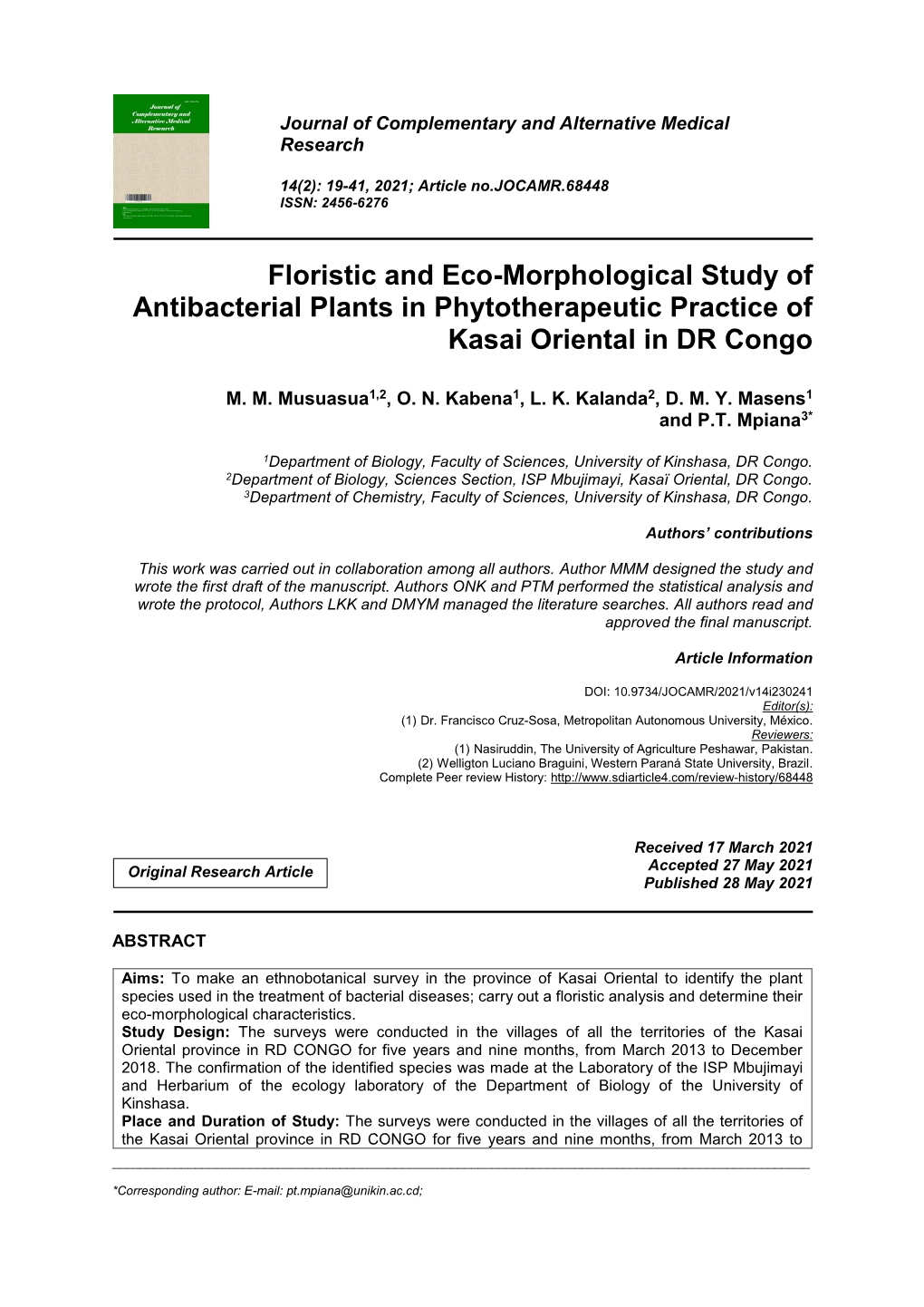 Floristic and Eco-Morphological Study of Antibacterial Plants in Phytotherapeutic Practice of Kasai Oriental in DR Congo