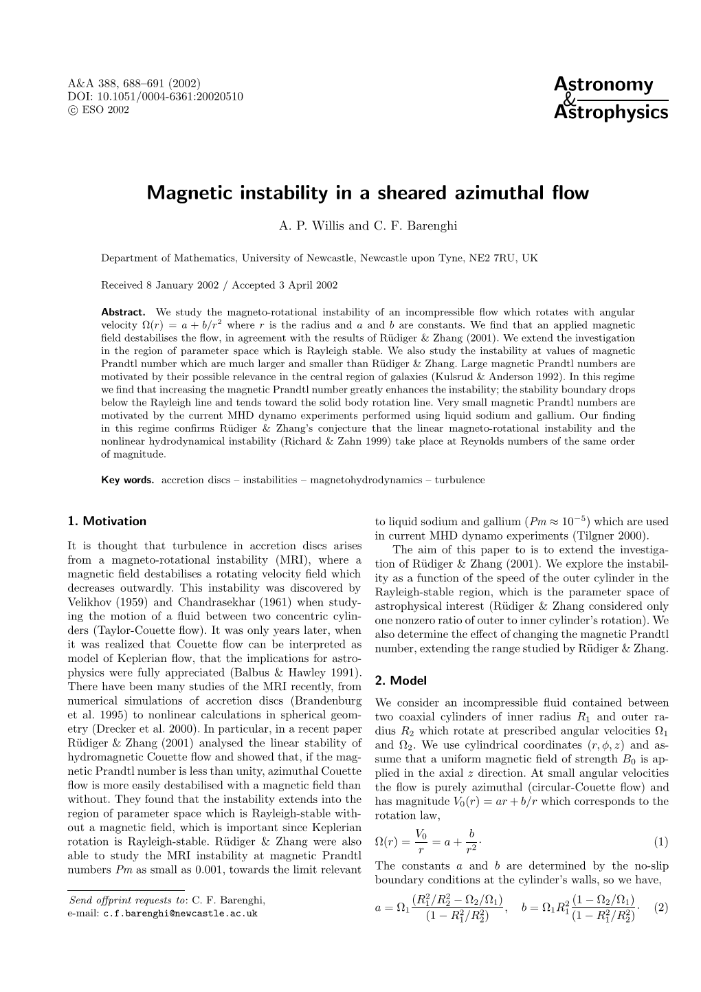 Astronomy & Astrophysics Magnetic Instability in a Sheared Azimuthal Flow