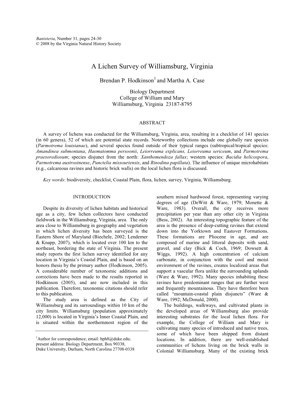 A Lichen Survey of Williamsburg, Virginia