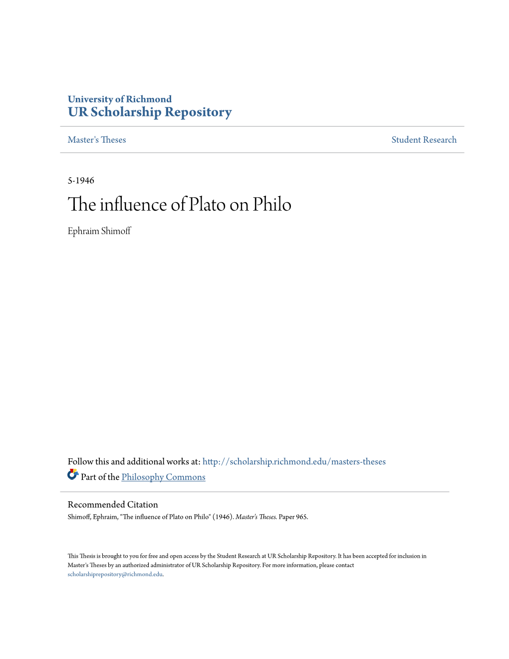 The Influence of Plato on Philo Ephraim Shimoff