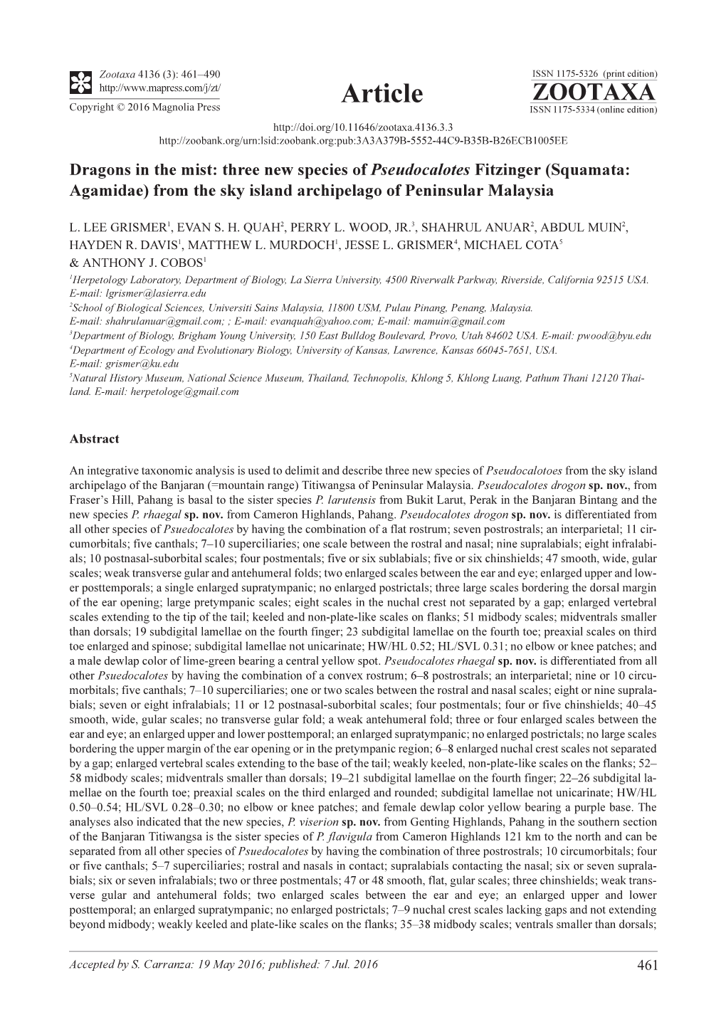 Three New Species of Pseudocalotes Fitzinger (Squamata: Agamidae) from the Sky Island Archipelago of Peninsular Malaysia