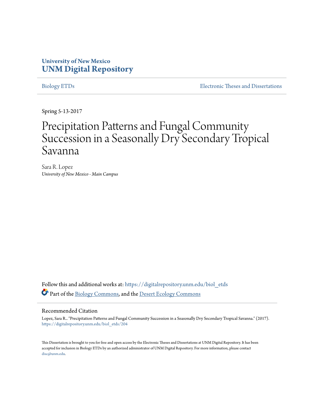 Precipitation Patterns and Fungal Community Succession in a Seasonally Dry Secondary Tropical Savanna Sara R