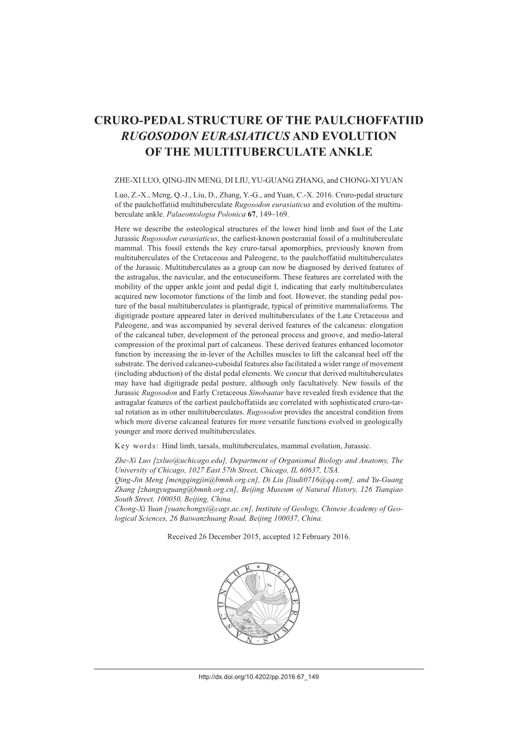 Cruro-Pedal Structure of the Paulchoffatiid Rugosodon Eurasiaticus and Evolution of the Multituberculate Ankle