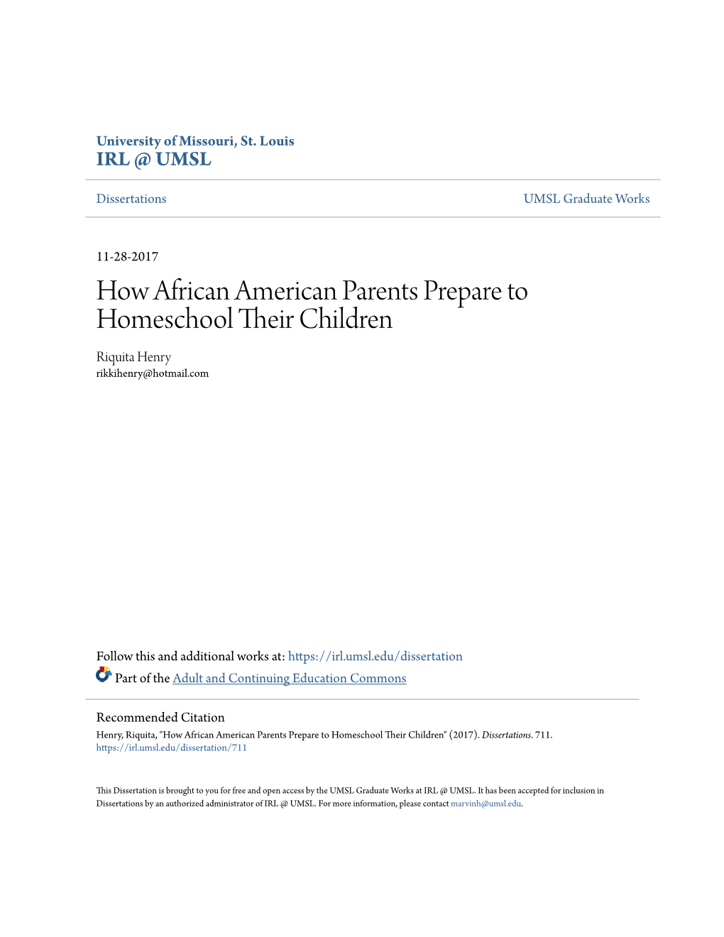 How African American Parents Prepare to Homeschool Their Hic Ldren Riquita Henry Rikkihenry@Hotmail.Com