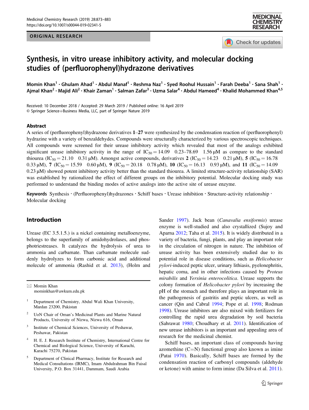 Synthesis, in Vitro Urease Inhibitory Activity, and Molecular Docking Studies of (Perfluorophenyl)Hydrazone Derivatives