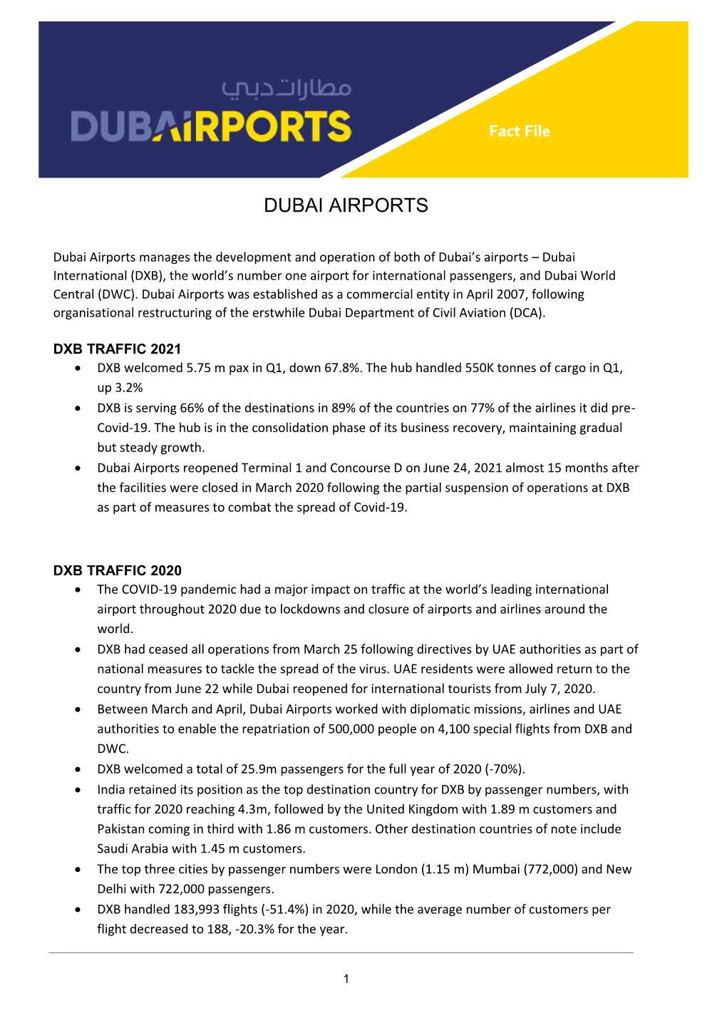 Dubai Airports Main Fact File 2021