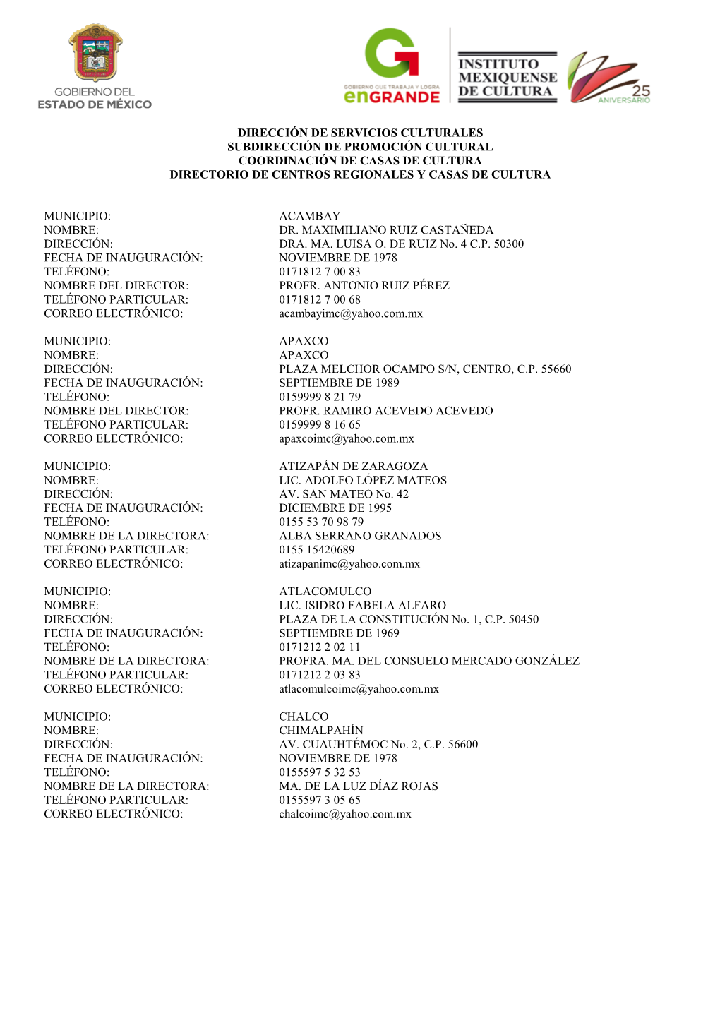 Directorio De Centros Regionales Y Casas De Cultura