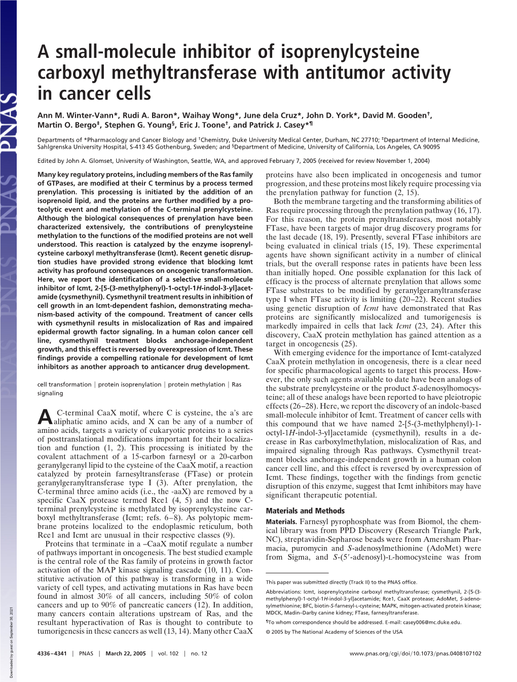 A Small-Molecule Inhibitor of Isoprenylcysteine Carboxyl Methyltransferase with Antitumor Activity in Cancer Cells