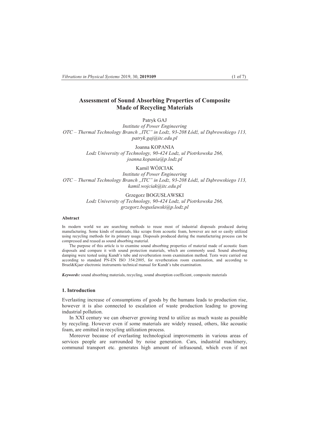 Assessment of Sound Absorbing Properties of Composite Made of Recycling Materials