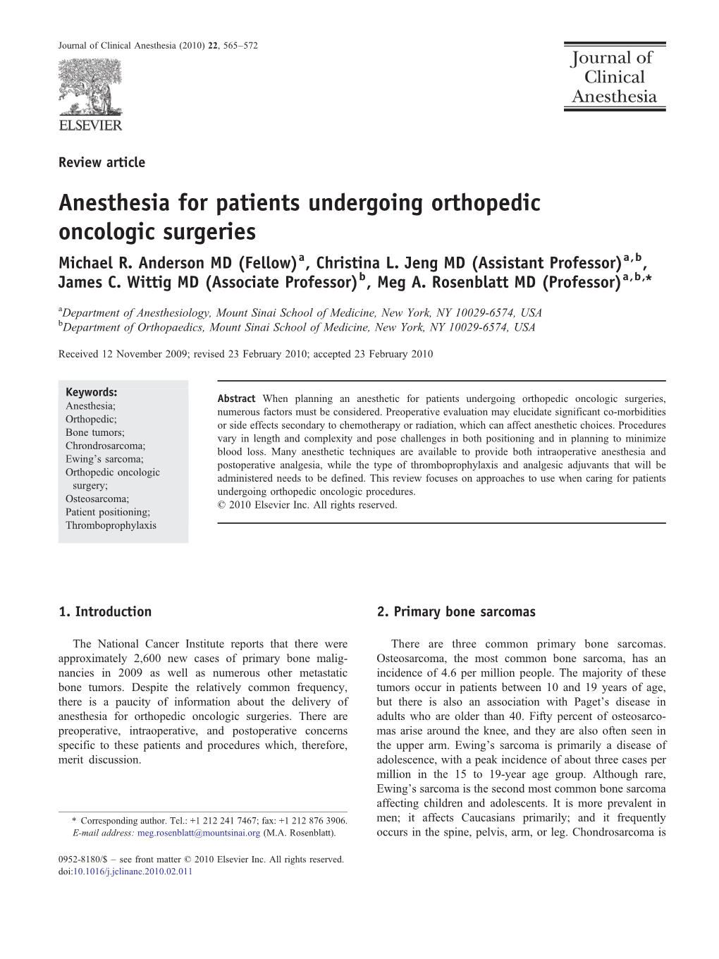 Anesthesia for Patients Undergoing Orthopedic Oncologic Surgeries Michael R